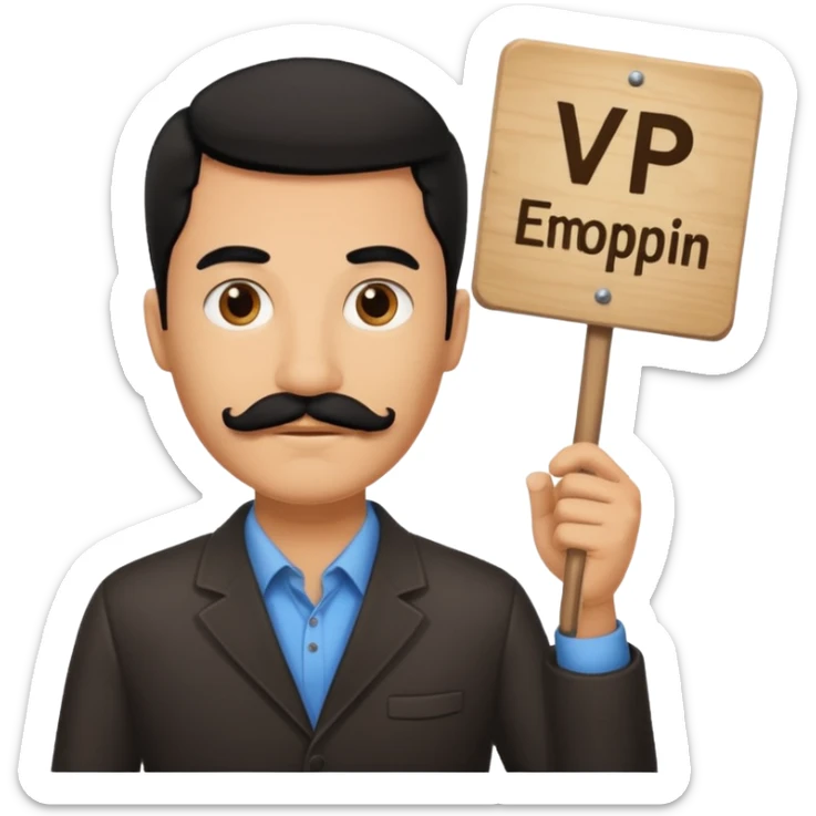 Black haired man with black mustache holding a sign that says VP sticker