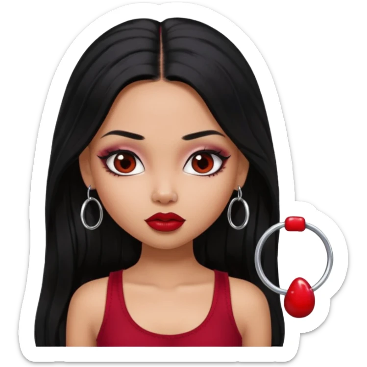 a pretty bratz girl with long black hair, kajal under eyes, small silver hoop. Dark cherry red tank top on.  sticker