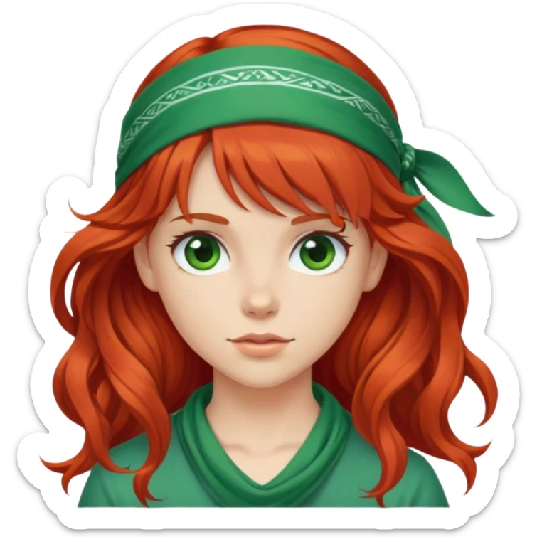 White red-haired girl with wavy long hair, bangs, and a green bandana on her head. sticker