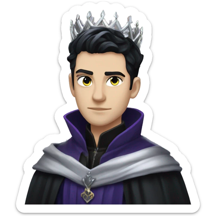 Rhysand has straight short blue-black hair, like a raven's feathers and violet eyes with flecks of silver like starlight, he wears a black cloak and a black and silver crown sticker