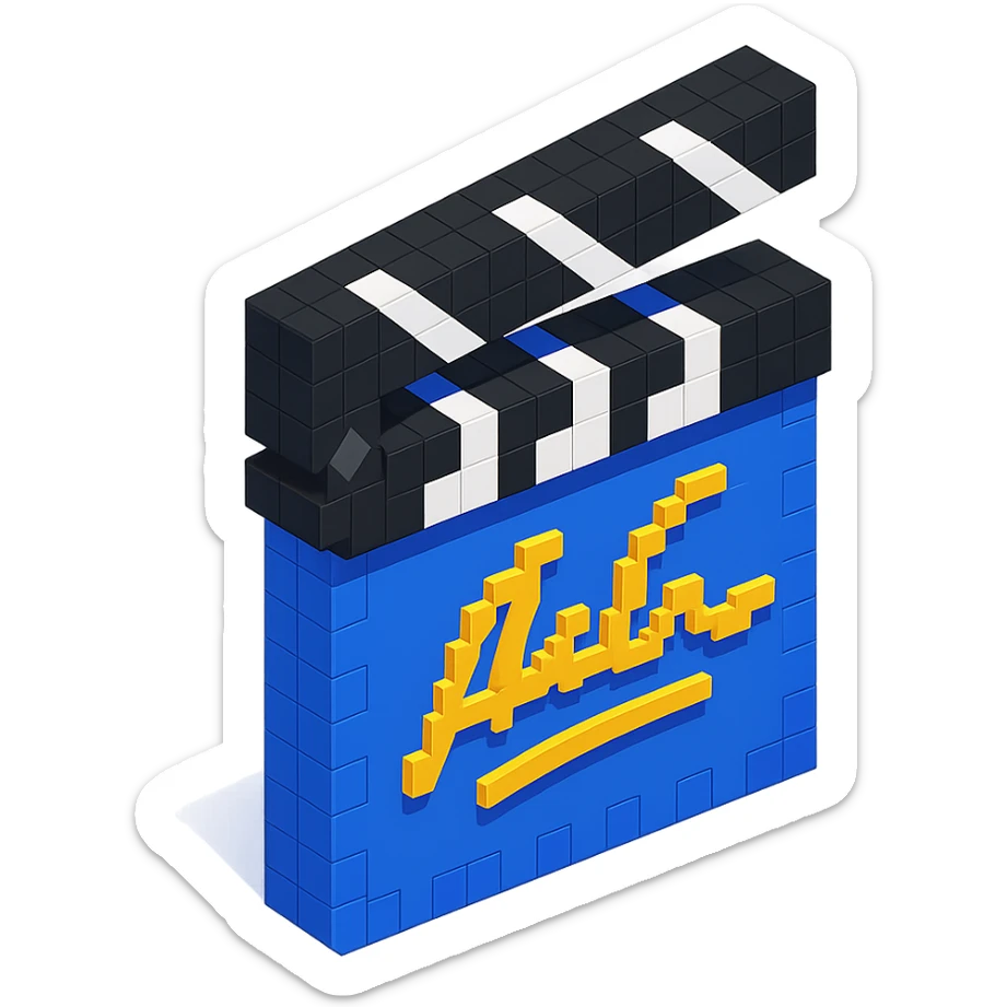 voxel style movie clapperboard with a gold director's signature, isometric view sticker
