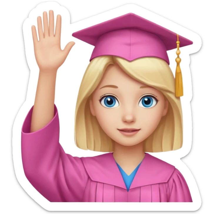 blue eyed blonde girl in pink graduation attire, waving, festive background sticker