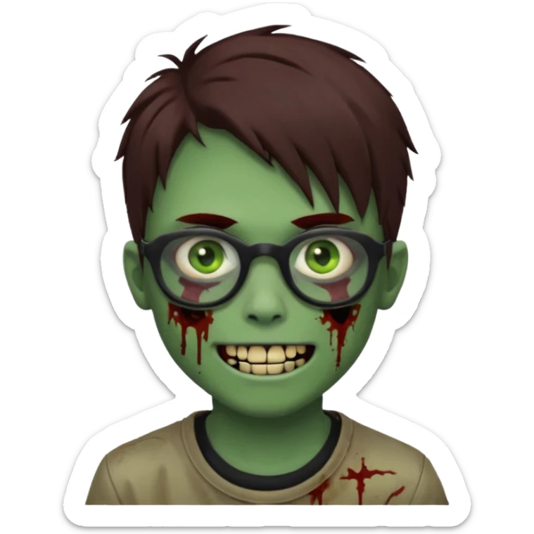 Zombie emo boy, green skin and brown hair, black glasses and a scary smile, scars and blood under eyes sticker