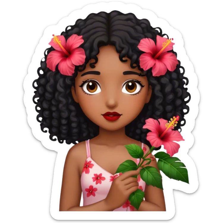 Girl with brown skin with black curly hair holding hibiscus flowers sticker