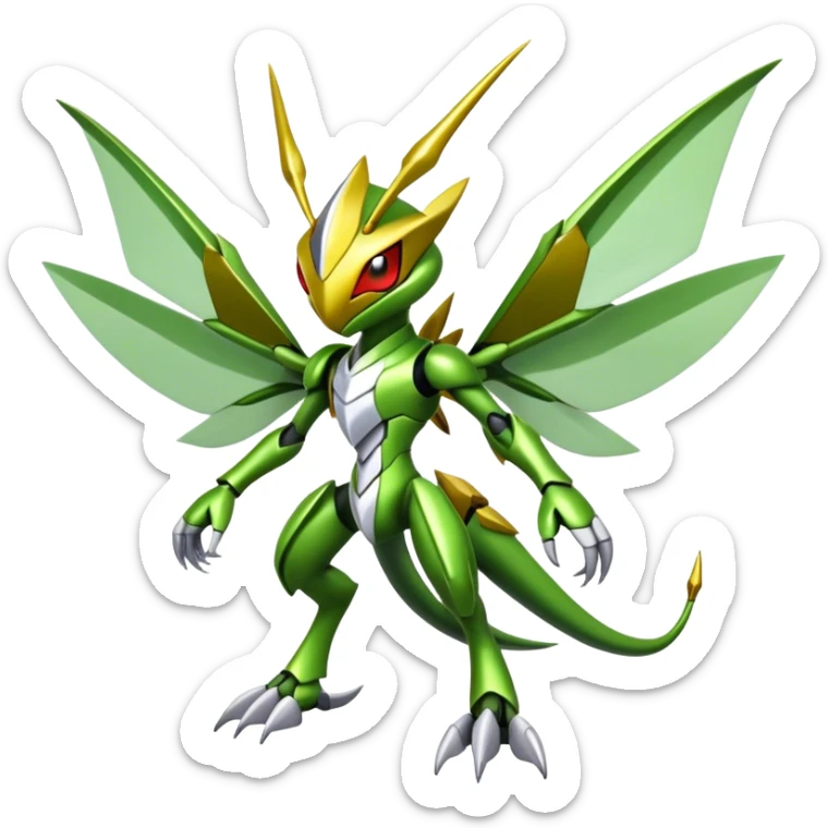Cute Cool Edgy Shiny Futuristic Ethereal Legendary Kartana-Digimon-Scyther-Scizor-hybrid full body sticker