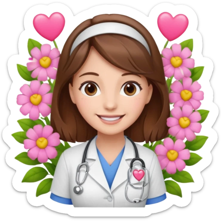 Brown hair Nurse with pink heart and flowers surround her sticker