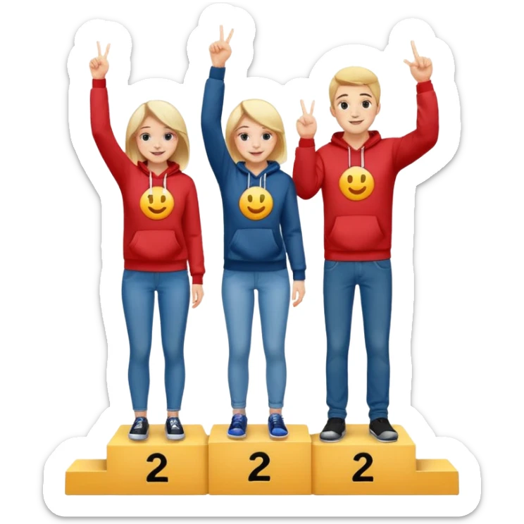 three people in jeans and hoodies on a winners podium labeled 2, 1, 3 left to right, center person on 1 step holding up one finger on each hand, bright cheerful expressive emoji illustration sticker