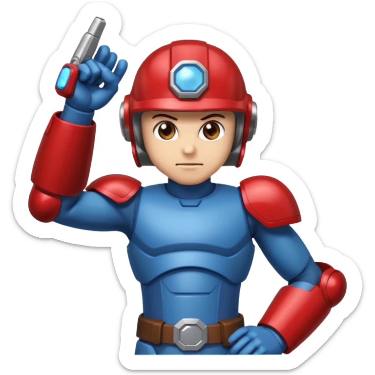 mega man but with the color rootbeer brown shiny like metal with arms for guns and a dark shiney red healmet sticker