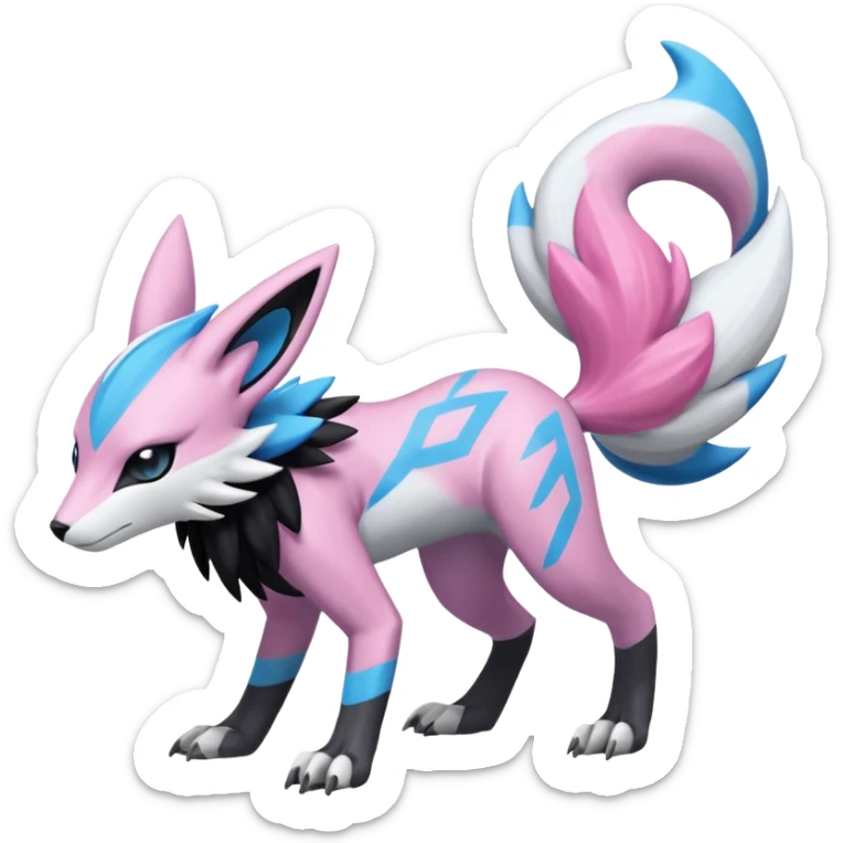 Splash-marked Exotic Meloetta-Zeraora-Lombax-Renamon-Protogen-Palkia-hybrid-fusion-Fakémon-creature, full body sticker