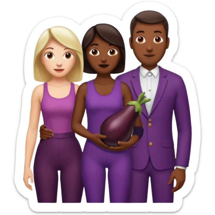 A white woman next to a dark man holding an aubergine in front the mans crotch area sticker