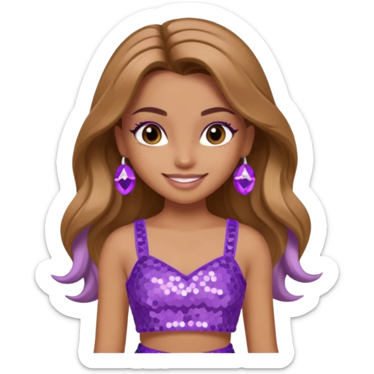 Yasmin from Bratz with long light brown hair, tan skin, brown eyes, lilac sequin crop top sticker