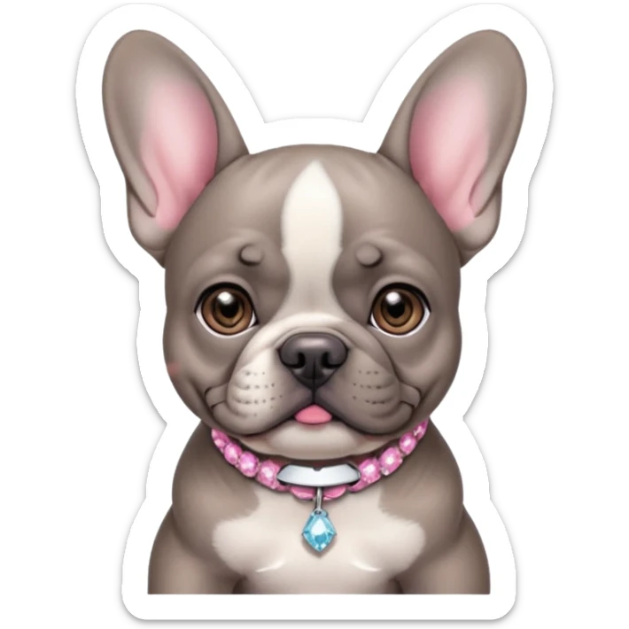Gray French bulldog puppy, with one slightly darker color ear, with a pink and with realistic diamond collar sticker
