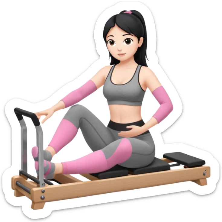 Create a Pilates emoji: a girl with fair skin and black hair, wearing a grey bra and grey leggings with pink pilates socks, doing sitted stomach massage on a wooden reformer. Make it look at the reformer. Make the colors neutrals. sticker