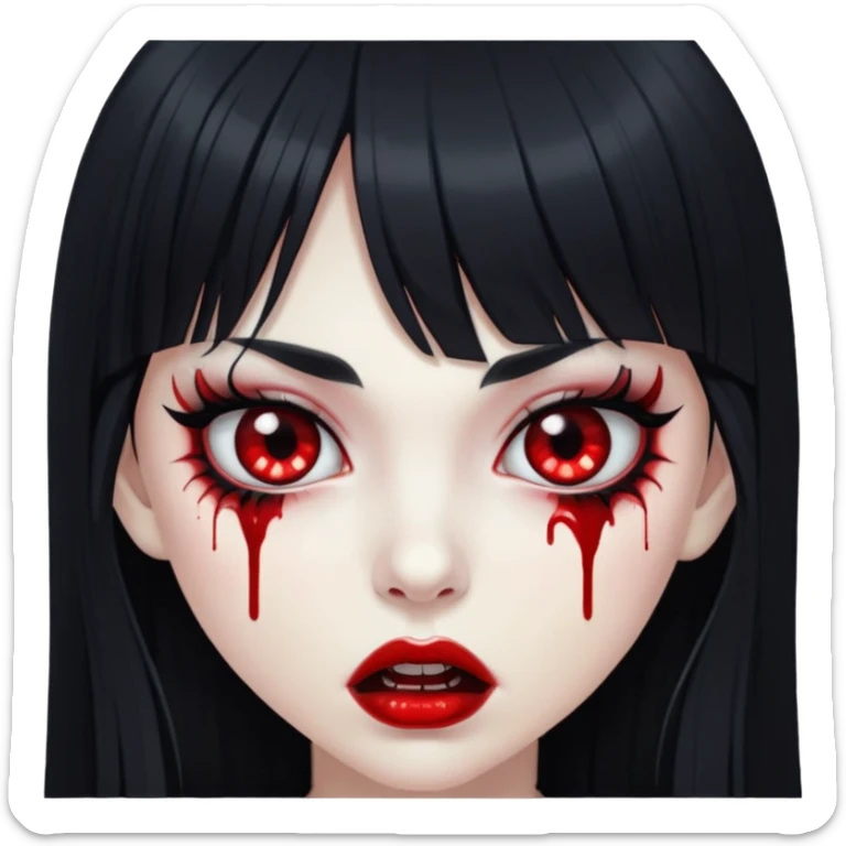 Vampire girl white skin black long hair with bangs, eyeliner, big lashes, blood on mouth sticker