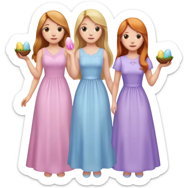 three lady friends celebrating Easter, blonde long hair and alight pink dress, brunette long hair light purple dress and ginger hair light blue dress sticker