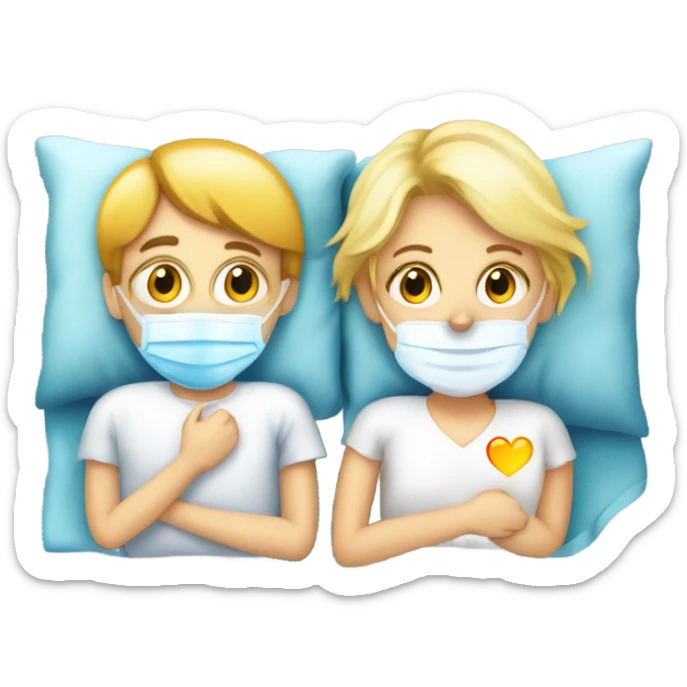 Two blonde children, sick, wearing masks, one Boy, one girl, sick in beds, at home, get well soon sign with yellow heart sticker