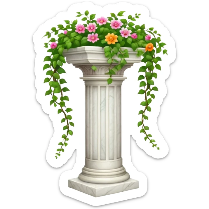 White tall marble pedestal with vines growing and gorgeous flowers beautiful romantic scenery  sticker