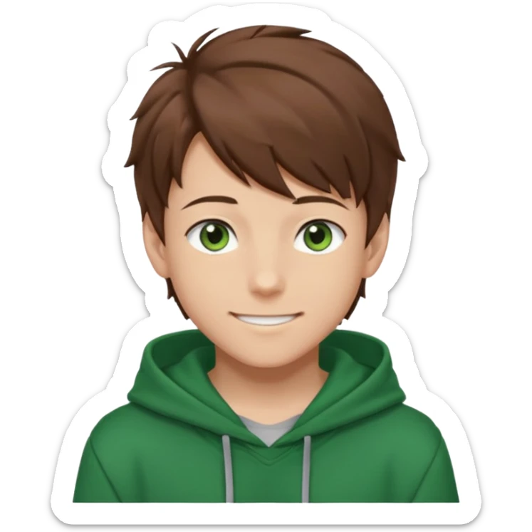 the face of an Anime teen boy with brown hair, green eyes, looking smiling slightly sideways positioned. Face must be main filling of the emoji. A little piece of hoodie can be visible. 128px sticker