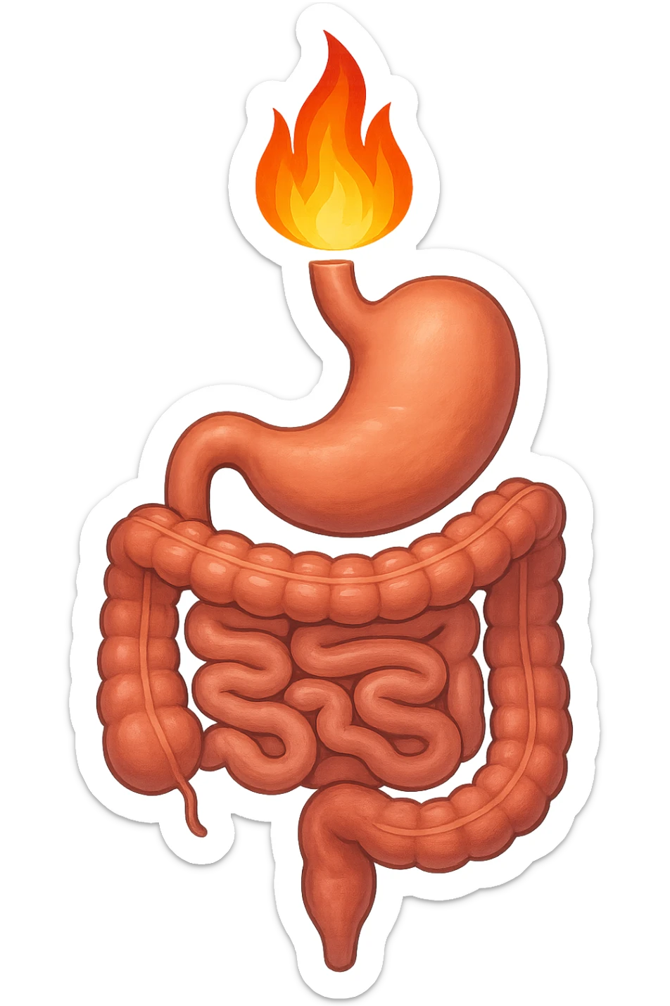 intestino e stomaco sono collegati, con una fiamma che brucia sopra, isolate su sfondo bianco sticker