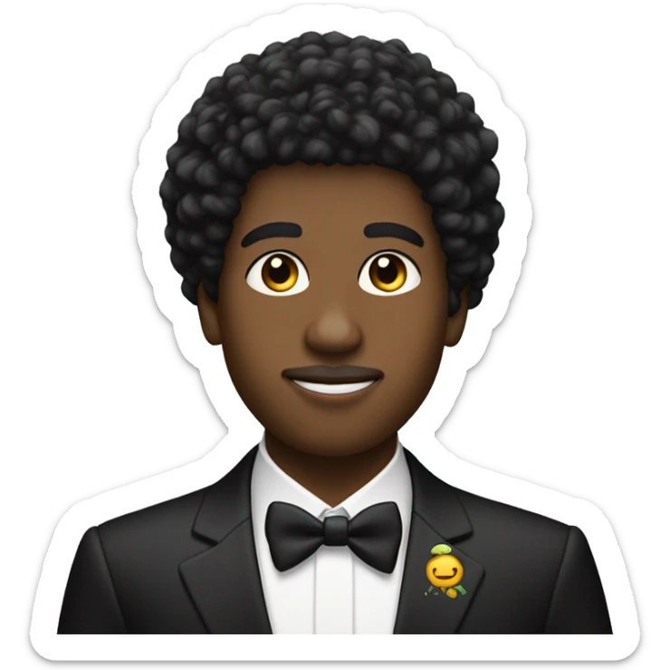 A profile of a black twink with an afro mullet in an intricate suit sticker