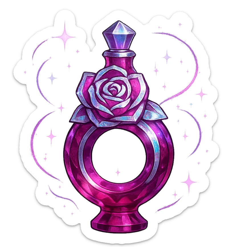 prabangus eliksyro buteliukas, rožės žiedo forma, sodri rožinė spalva, sidabrinės ir holografinės detalės, maksimaliai daug magiškų efektų, labai mažas kaklelis, vientisas dugnas, buteliukas plūduriuoja ore, be pagrindo ar šešėlio, modernus, kolekcijai tinkamas sticker