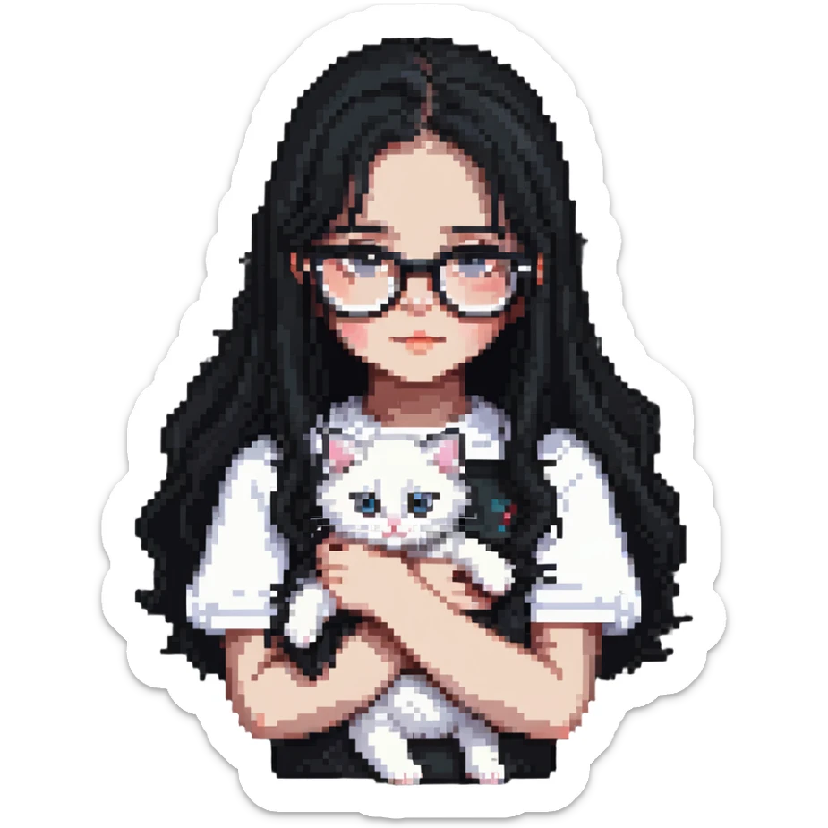 Beautiful girl with long black hair and glasses holding a white kitten sticker