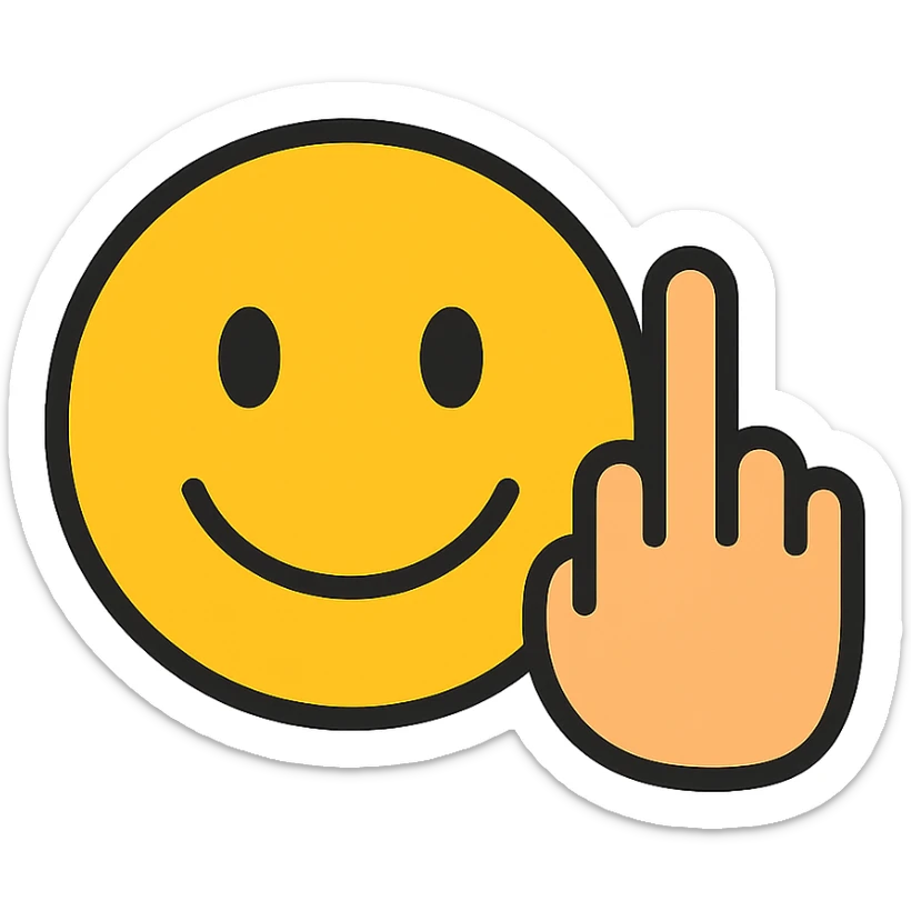 classic smiley face like 😊 emoji with a hand next to it showing the middle finger, modern icon style, clean lines, simple color palette sticker