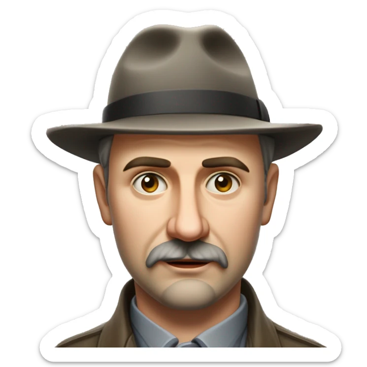 Russian writer Alexander Kuprin Photorealism A plump serious man of Slavic appearance with Small eyes with goatee beard and mustache, with a  short haircut, big detailed face, wrinkled face, wearing a fedora hat sticker
