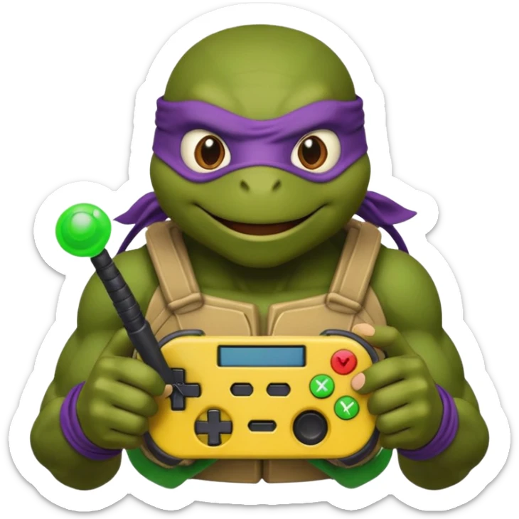 Donatello from Teenage Mutant Ninja Turtles, emoji style, holding a joystick, with a green hacking interface on the screen sticker