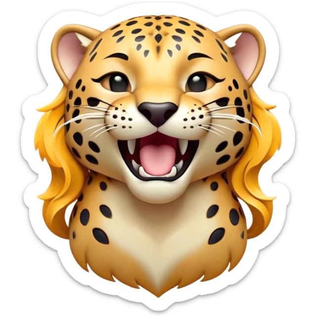 Cinematic Cute Yawning Jaguar Portrait Emoji, Head tilted slightly with a dramatic, wide-open yawn, showcasing a lithe, graceful build with distinctive rosette patterns and sleepy, half-closed eyes, Simplified yet irresistibly adorable features, highly detailed, glowing with a soft, cozy wild glow, high shine, relaxed yet expressive, stylized with a dash of whimsical feline charm, soft glowing outline, capturing the essence of a drowsy yet affectionate guardian that appears ready to stretch out for a nap! sticker