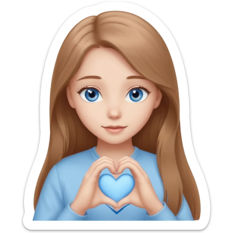 A girl with long light brown hair and blue eyes, soft pastel style, elegant, minimalistic, gentle light doing a heart with her hands sticker
