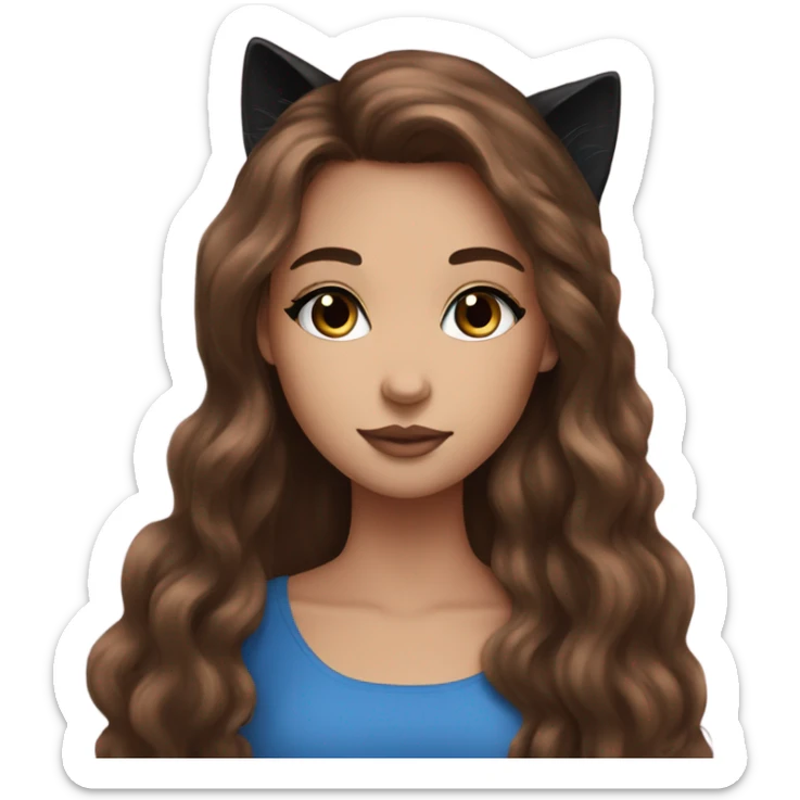 pretty girl brown long hair makeup with black kitten and blue eas sticker