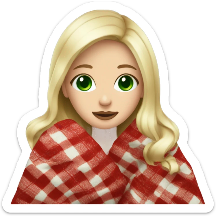 blonde girl green eyes wrapping in christmas blanket sipping coffee sticker