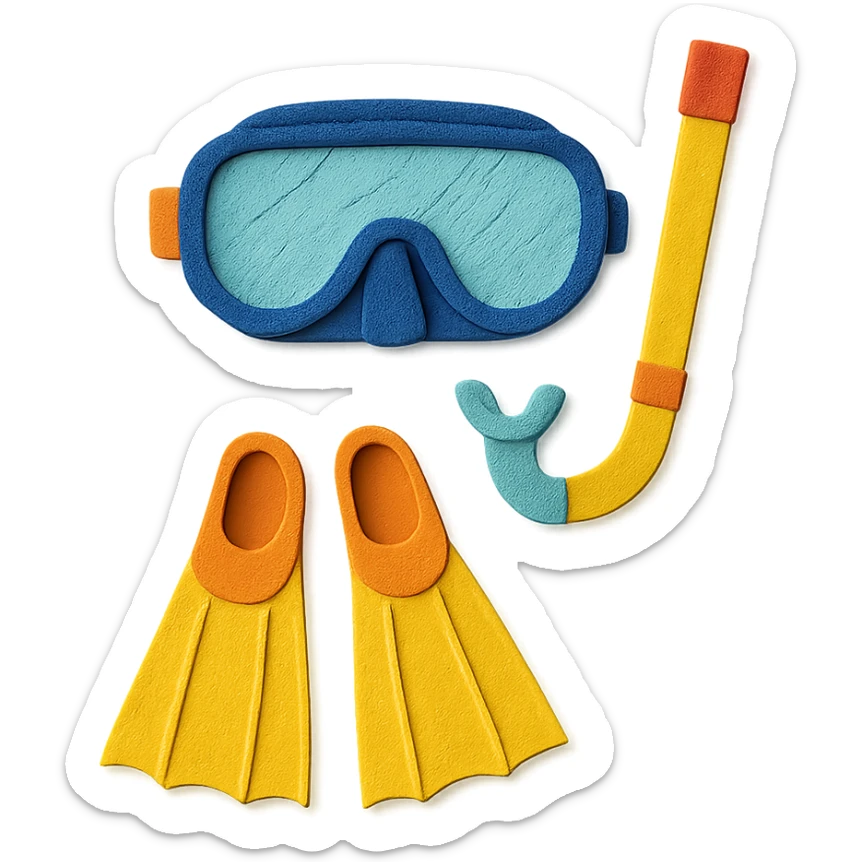 snorkel and flippers arranged as a flat lay with bright colors in paper-craft style sticker