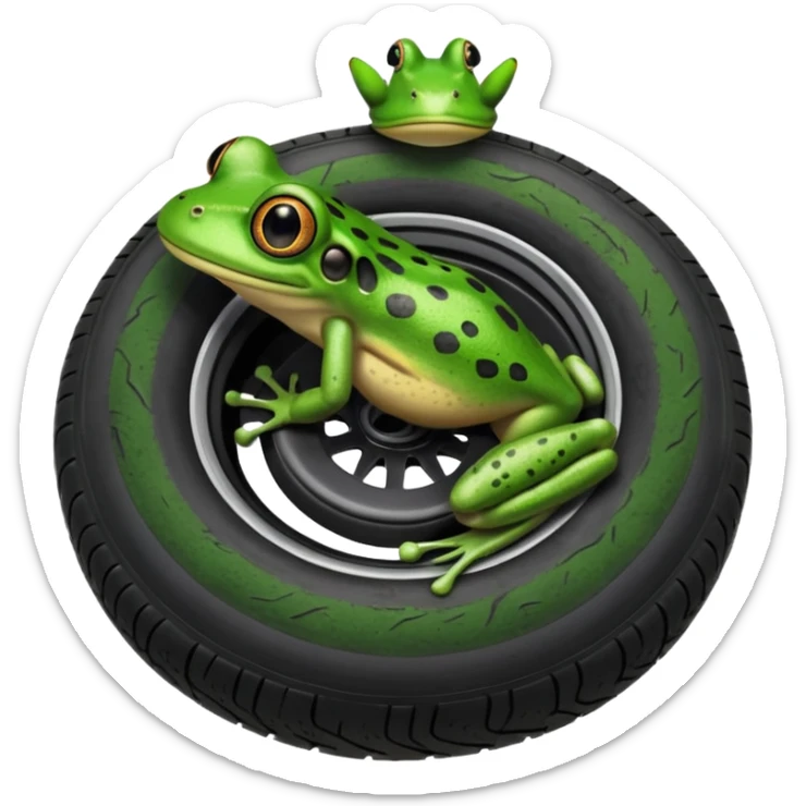 Frog head on top of tire. The tire is the body and the legs are on the bottom of the tire sticker