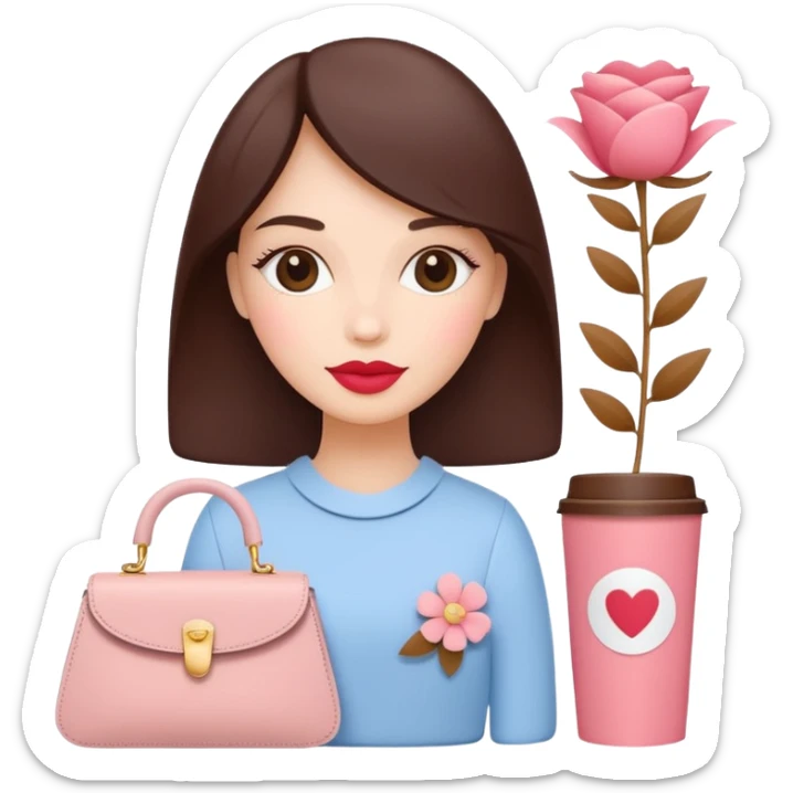 Minimal feminine icon representing girls’ lifestyle, subtle elements of lipstick, coffee cup, flower, handbag merged into one simple symbol, pastel color palette, flat design, modern and friendly, social media–ready. sticker