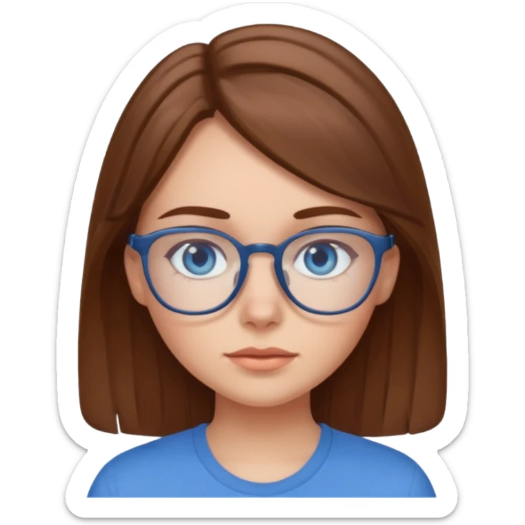 a brown haired girl with blue eyes and glasses with blue shirt that says crush sticker