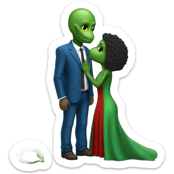 Beatiful tall green skin female reptilian in red dress, kissing white man in blue dress, full figure, full body sticker