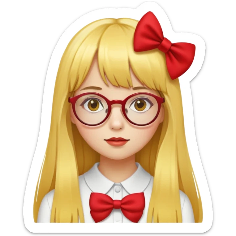 yellow skin girl with long straight hair, bangs, red bow on hair, round glasses sticker