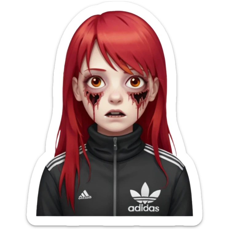 Crie um emoji de uma menina zumbi  com o cabelo vermelho longo com uma franja reta casaco de gola alta da adidas sticker