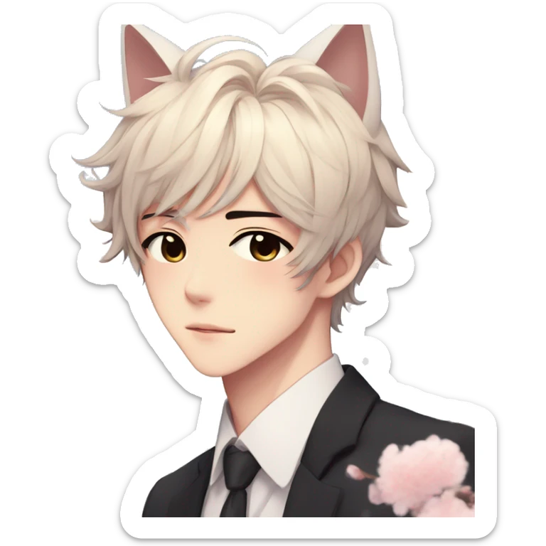 Gorgeous romantic anime style Asian formal modern shojo guy with cat ears and flowers and blushing face aesthetic trending style outside sticker