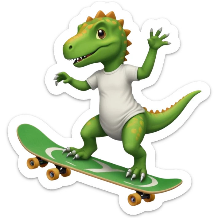 Dinosaur skateboarding at the skate park wearing a t-shirt and doing six seven and dancing sticker