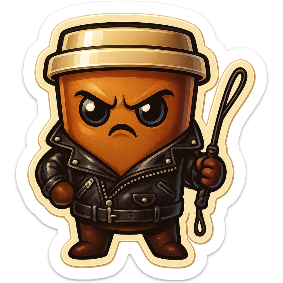Tall coffee cup, dressed in leather holding a whipping crop, eyebrow furrowed sticker
