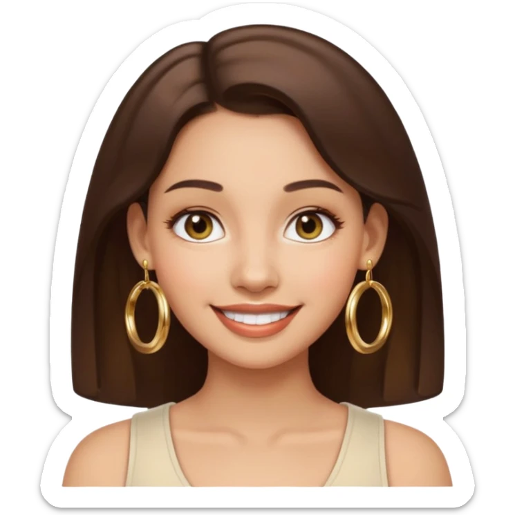Emoji-style front-facing woman’s face, light skin tone, brunette hair, gold hoop earrings, round glossy finish, simple eyes and smile, smooth gradients and soft shadow — inspired by Apple emoji aesthetic sticker
