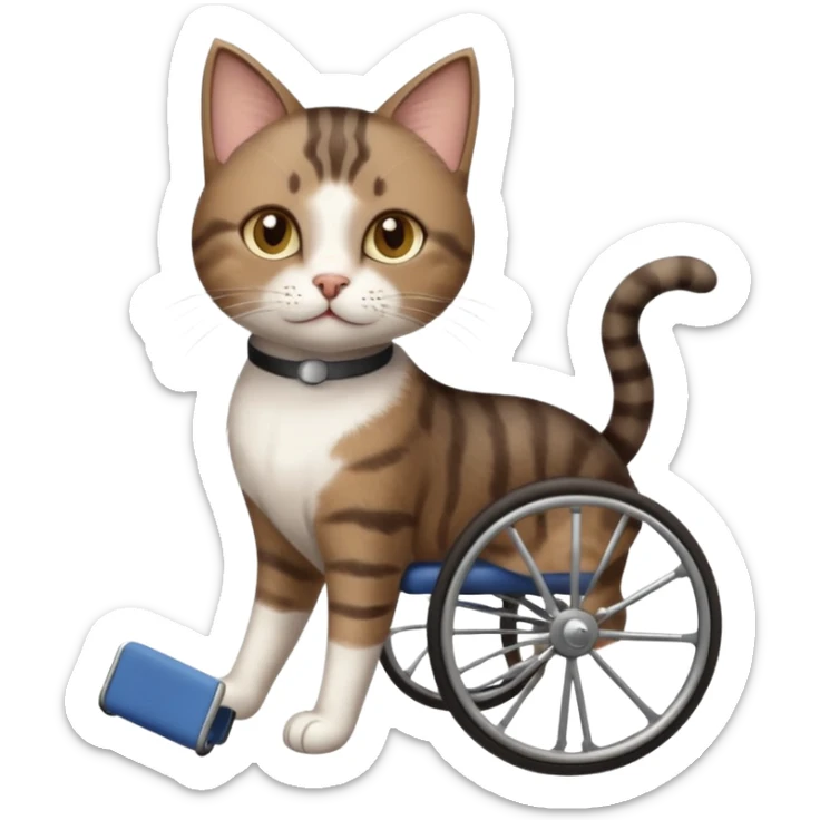 full body small short hair dark brown and white cat with hazel eyes walking in a wheelchair for cats sticker