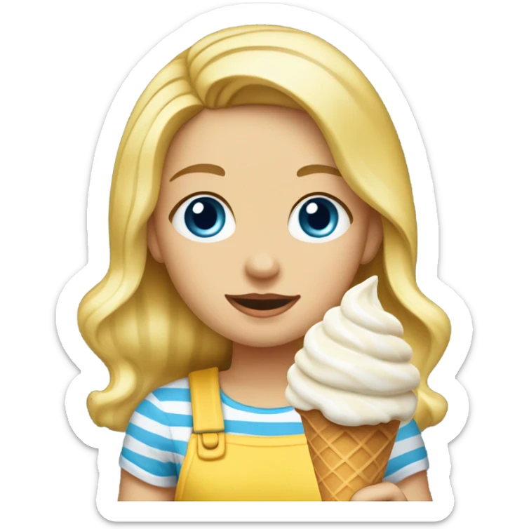 Girl with blonde hair, blue eyes, yellow striped shirt, holding vanilla ice cream cone sticker