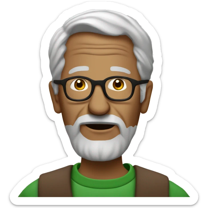 Old men in profile, gray hair, brown glasses on the nose, green crewneck, who says "jm'en fous" sticker