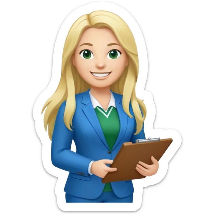 Full Body white plus size female basketball head coach with long blonde hair in a blue and green suit smiling holding clipboard sticker