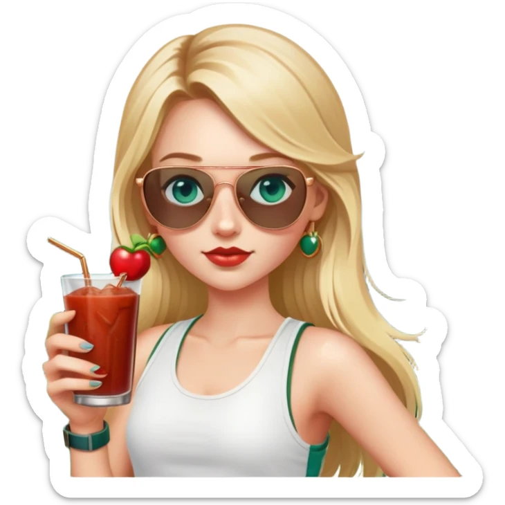 girl with long blond pigtailed hair
with blue eyes
and aviator sunglasses
wearing white tank top 
holding bloody mary
wearing (rose gold apple watch with forest green band) sticker