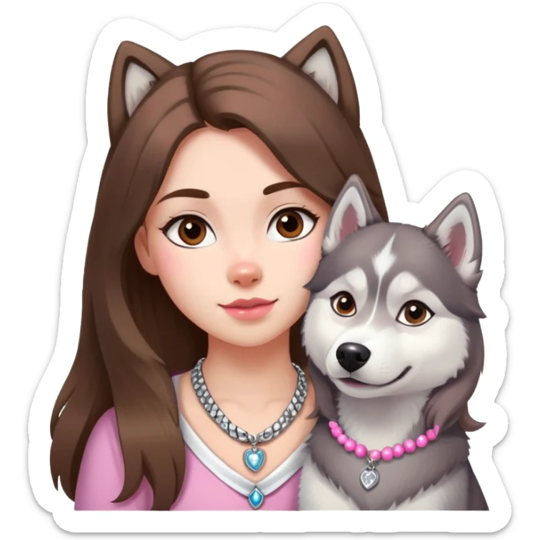 Girl with Brown long hair with husky white and grey and pink neclace sticker